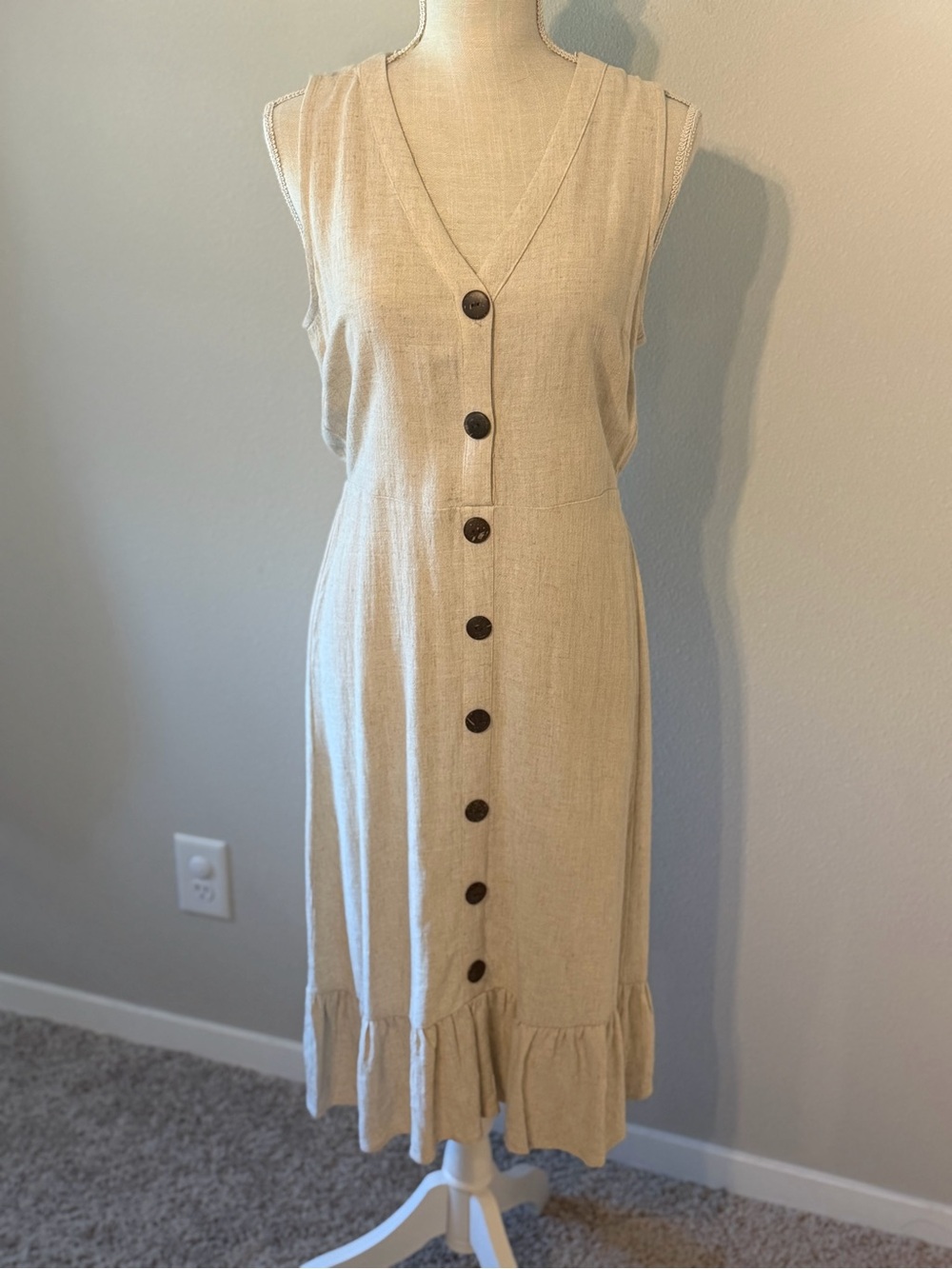 Monteau Neutral Beige Button-Front Ruffle Hem Dress